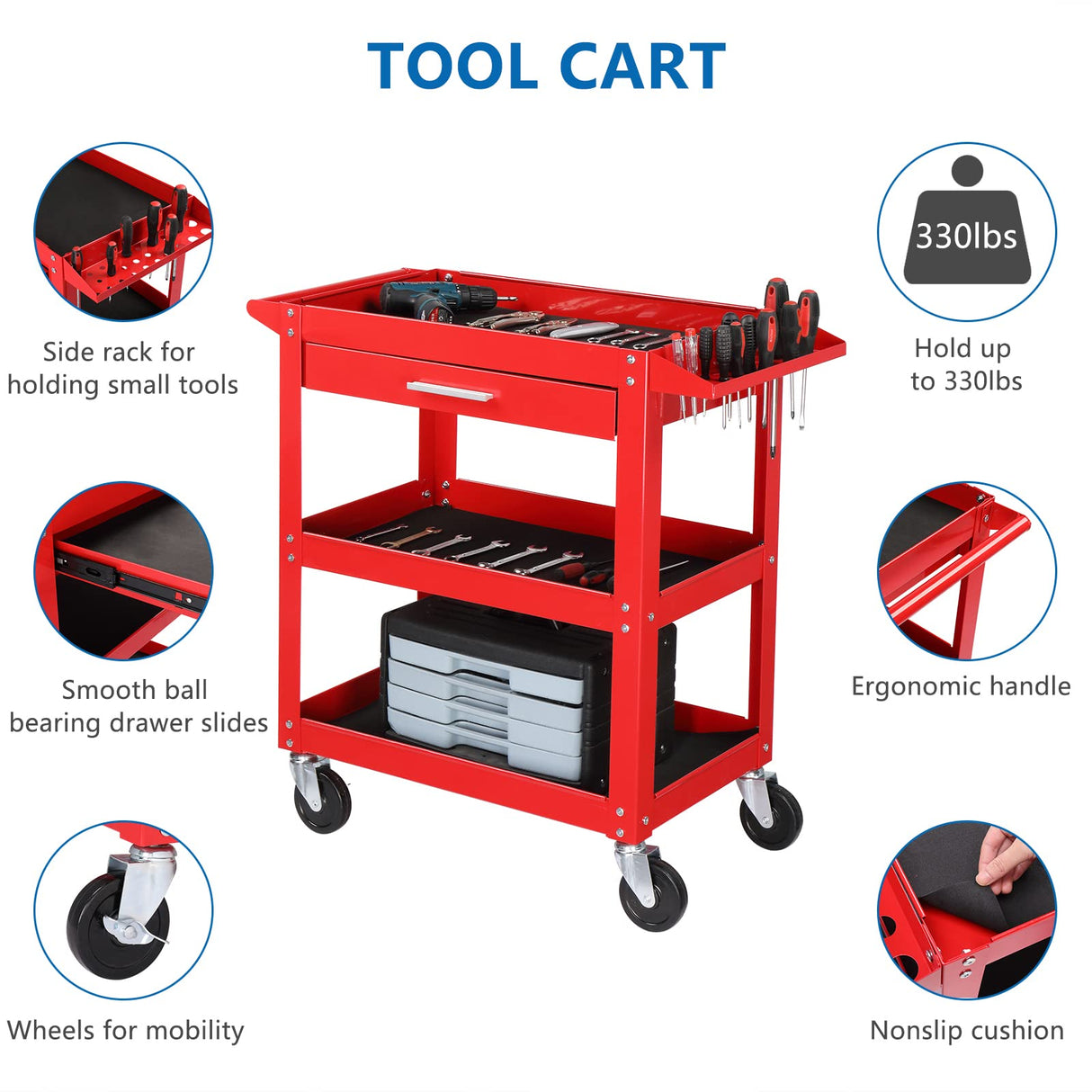TUFFIOM 3 Tier Rolling Tool Cart, 330 LBS Capacity Industrial Service Cart, Heavy Duty Steel Utility Cart, Tool Organizer with Drawer, Perfect for Garage, Warehouse & Repair Shop (Red) TUFFIOM