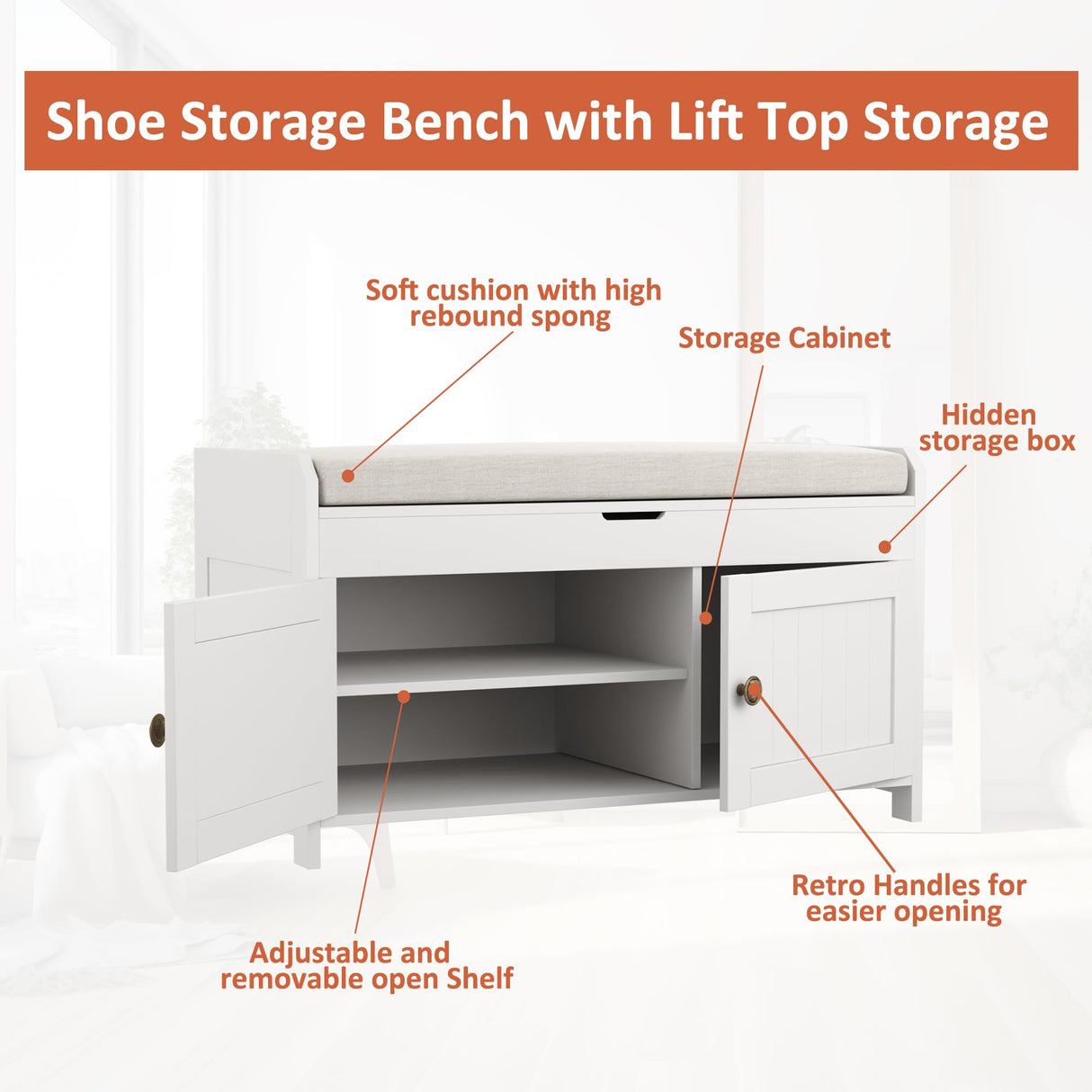 HOMEFORT Entryway Bench with Lift Top Storage,Shoe Storage Bench with Cushioned Seat,Wood Shoe Cabinet Bench,Bench for Bedroom End of Bed,Entry Hidden Shoe Bench for Mudroom,Hallway, White HOMEFORT