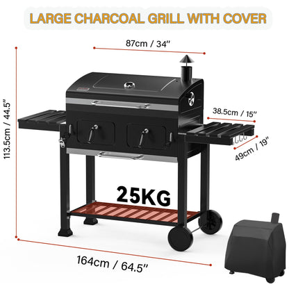 Onlyfire Extra Large BBQ Charcoal Grill with Large Cooking Grate and Warming Rack, Outdoor Barbecue Grill with Dual-Zone Adjustable Charcoal Tray and 2 Foldable Side Table, Black GS339-A