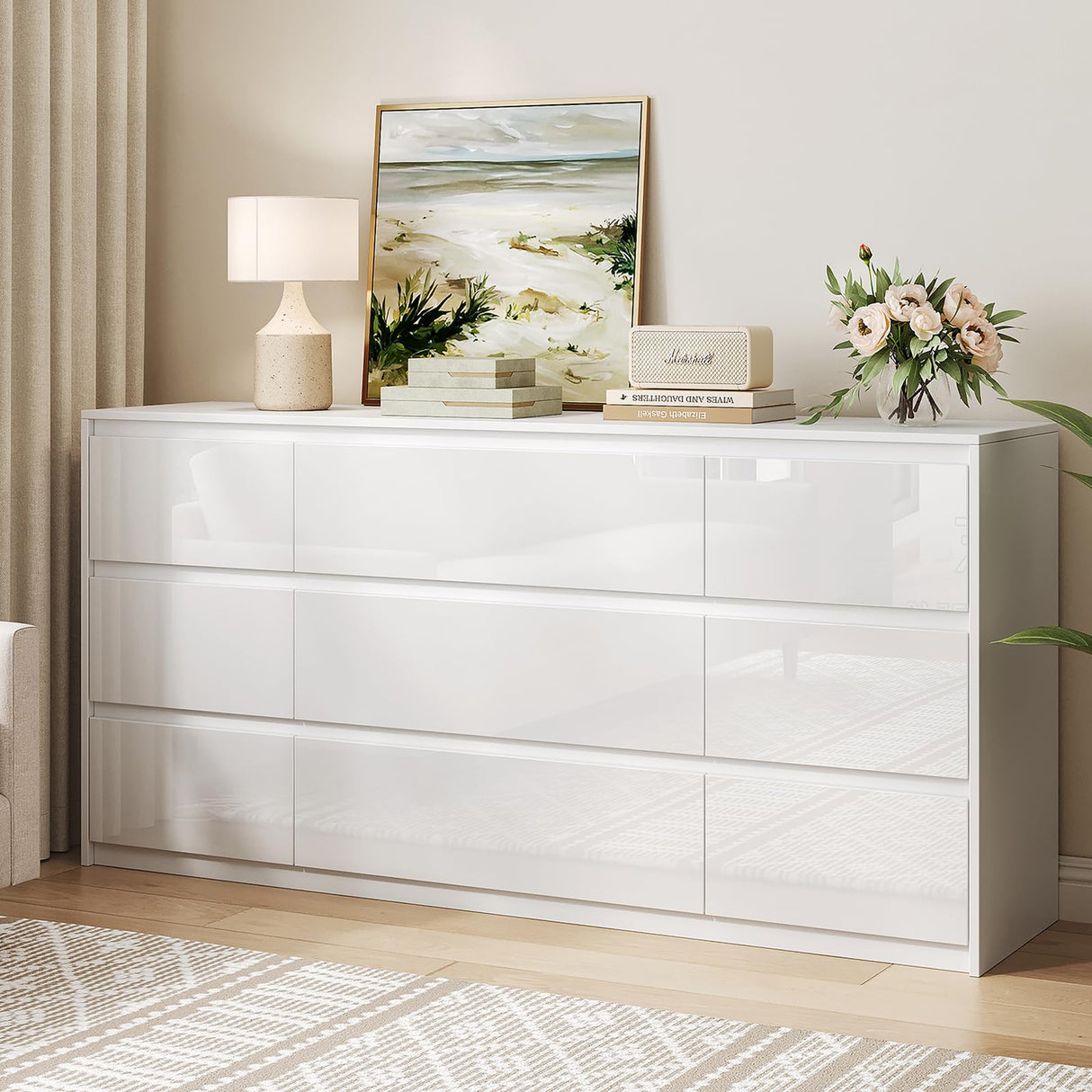 ZORPLIX White Dresser for Bedroom,60.4" W High Gloss Large 9 Drawers Dressers with Handle Free, Wide High Gloss Chest of Drawers Large, Long Modern Storage Drawer Dresser for Bedroom, Living Room ZORPLIX