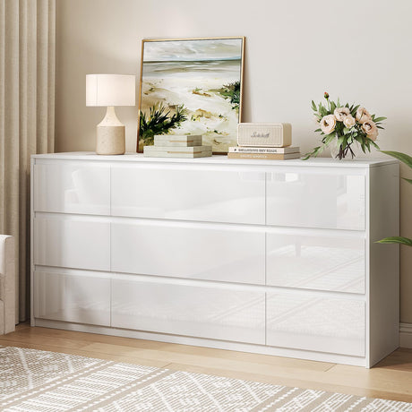 ZORPLIX White Dresser for Bedroom,60.4" W High Gloss Large 9 Drawers Dressers with Handle Free, Wide High Gloss Chest of Drawers Large, Long Modern Storage Drawer Dresser for Bedroom, Living Room ZORPLIX