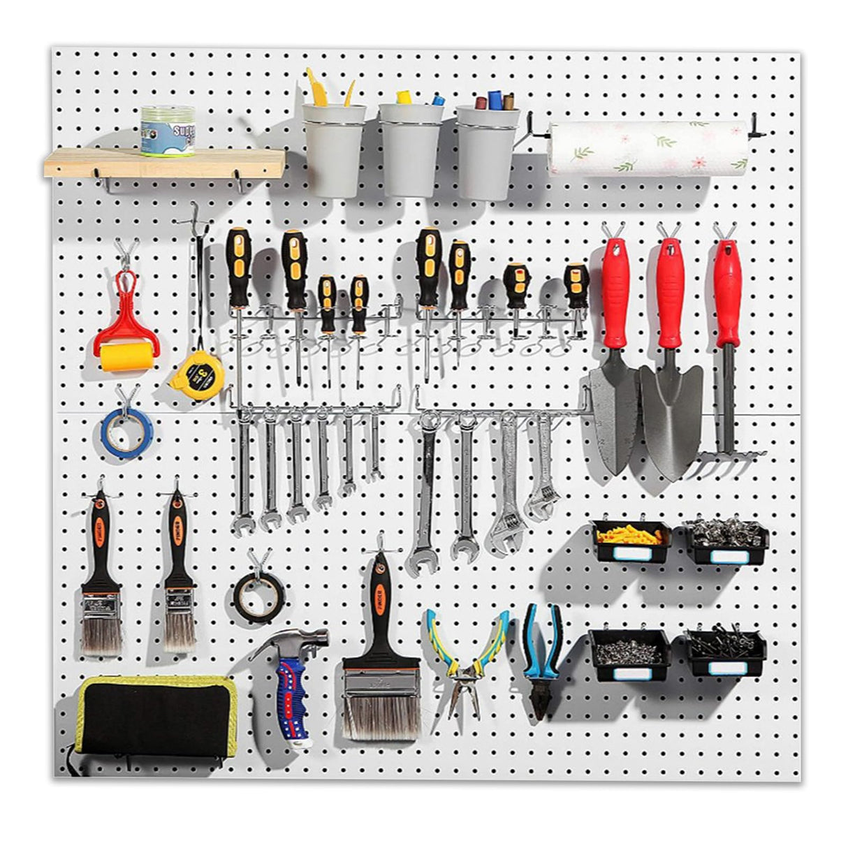 Tbantera 2 PCS Metal Pegboard Wall Storage Shelves 24x12 Inches with 50 PCS Pegboard System for Garage Organization Black Pegboard Hooks for Efficient Tool Storage and Workbench Organization（White） Tbantera