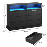 DICTAC Dresser for Bedroom with LED Lights and Charging Station, Black Dresser with No Handle Drawers, Modern Chest of Drawers, Dimensions 50.4''L x 15.7''D x 36.7''H DICTAC