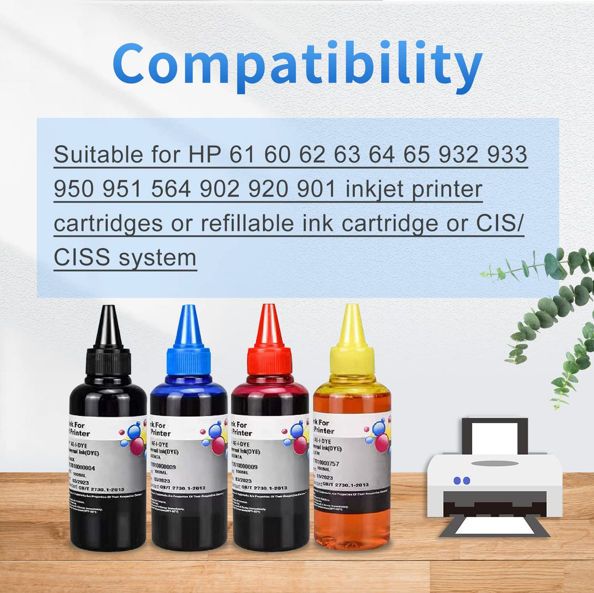 AYMSous Ink Refill Kit for HP 60 61 63 64 65 902 932 952 950 951 564 Refillable Ink Cartridge for HP Envy 4500 4520 5643 OfficeJet 6500a 6500 6000(4x100ML 1 Black, 1 Cyan. 1 Magenta, 1 Yellow) AYMSous