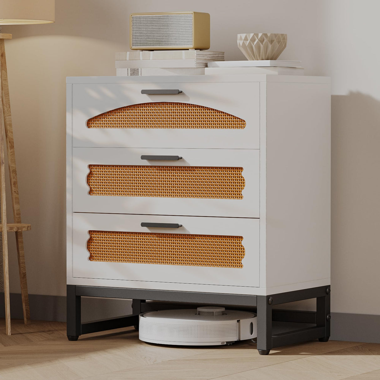 Mericonia 3 Drawer Rattan Dresser for Bedroom, Wood Dresser for Closet with Metal Handles, Small Boho Nightstand Sets, Dressers & Chests of Drawers for Bedroom, Hallway and Entryway, White Mericonia