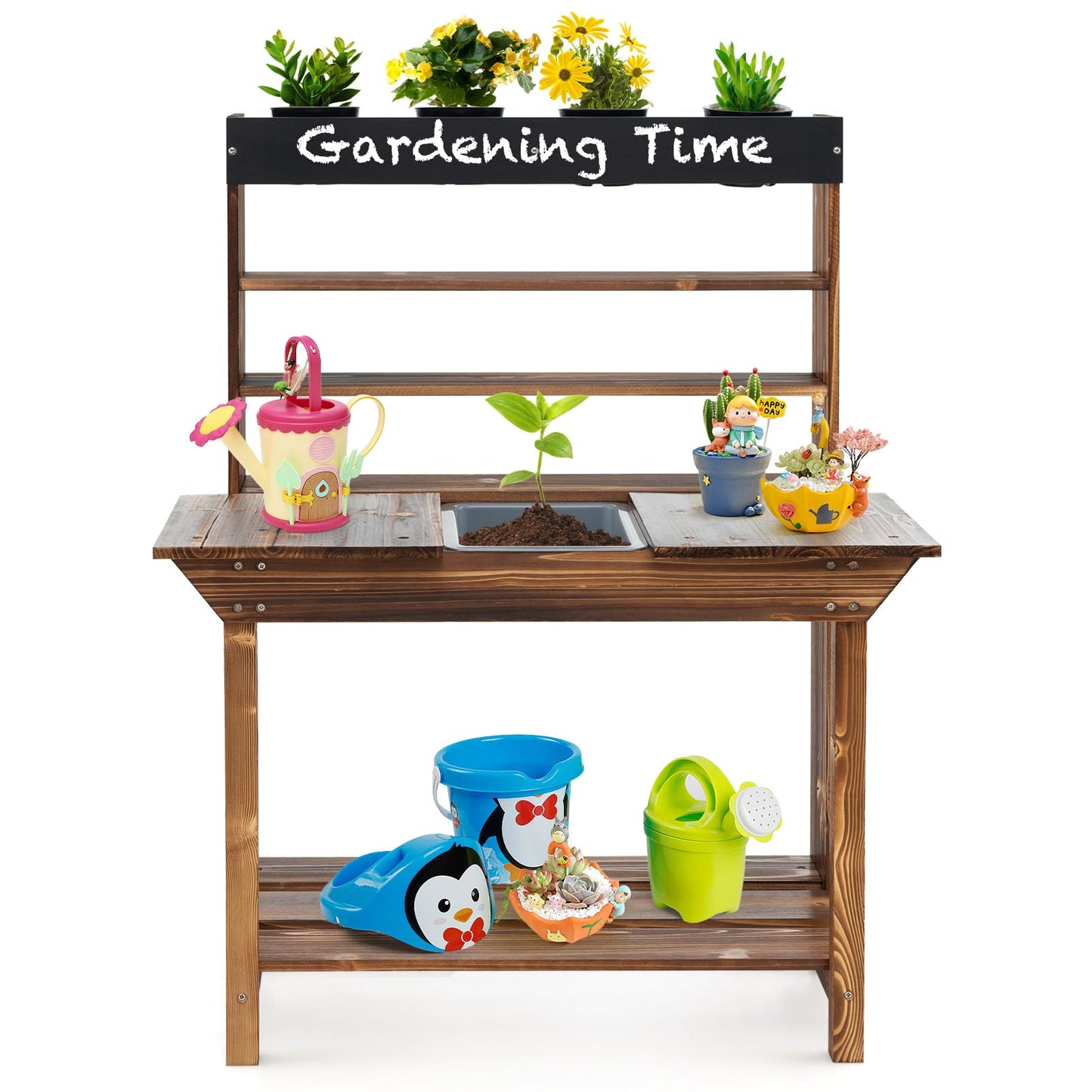 HONEY JOY Kids Potting Bench Table, Fir Wood Garden Potting Benches for Outside, Removable Sink, 4 Flower Pots, Chalkboard, Children Planting Table Work Bench, Mud Kitchen for Kids Outdoor Ba - WoodArtSupply