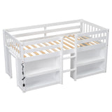 YOPTO Twin Size Low Loft Bed with Storage Shelves and LED Light - Multifunctional Pine Wood Frame for Kids, White YOPTO