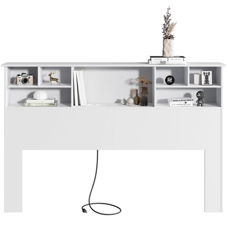 AYEASY Queen/Full Size Headboard with Storage, USB Charging Ports & LED Lights - Adjustable Noise-Free Design in White AYEASY