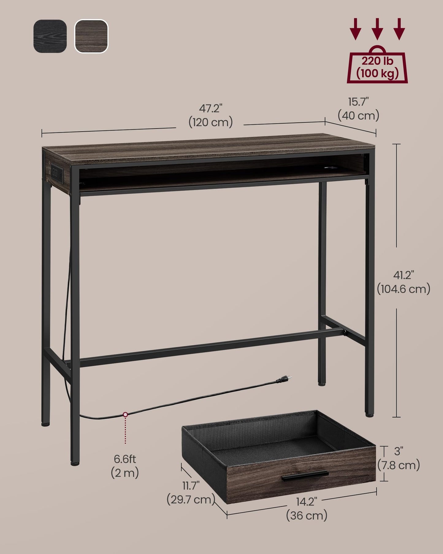 VASAGLE Ash Brown Bar Table with Power Outlet and Movable Drawer, 47.2 Inches High Top Dining Table