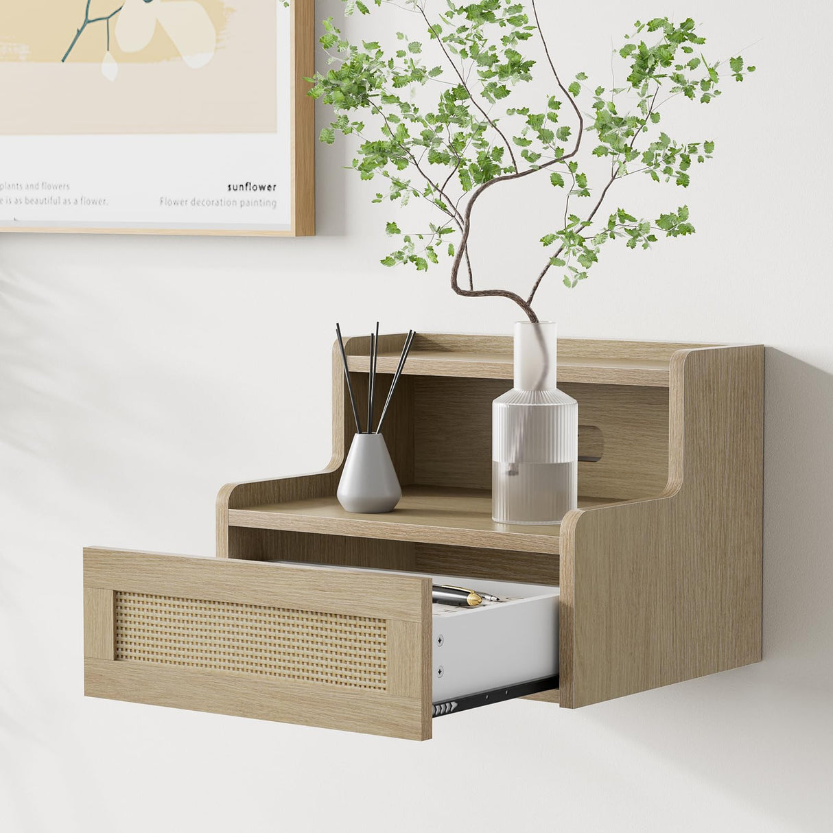 Giluta Floating Nightstand Set of 2 with Drawer & Open Shelf, Small Bedside Table Floating Night Stand for Bedroom Wood Wall Mounted Nightstands Giluta