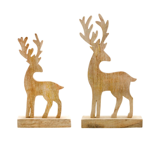 AuldHome Wooden Reindeer Christmas Statues (Set of 2); Primitive Style Mango Wood Holiday Figurines