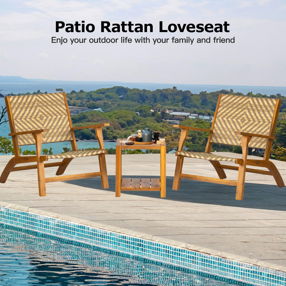 Panana 3 Pieces Patio Furniture Set Acacia Wood Side Table and PE Rattan Wicker Bistro Set Wooden Chairs for Outdoor, Deck, Porch, Poolside, Balcony Panana