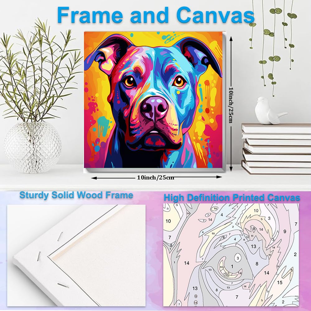 Artunion Framed Paint by Numbers Kit for Adults Beginners & Kids Ages 8-12,Colorful Pitbull Dog Paint by Number with Frame,Dog Animal Paint by Numbers Kit on Canvas 10 * 10 Inch Without Easel Artunion