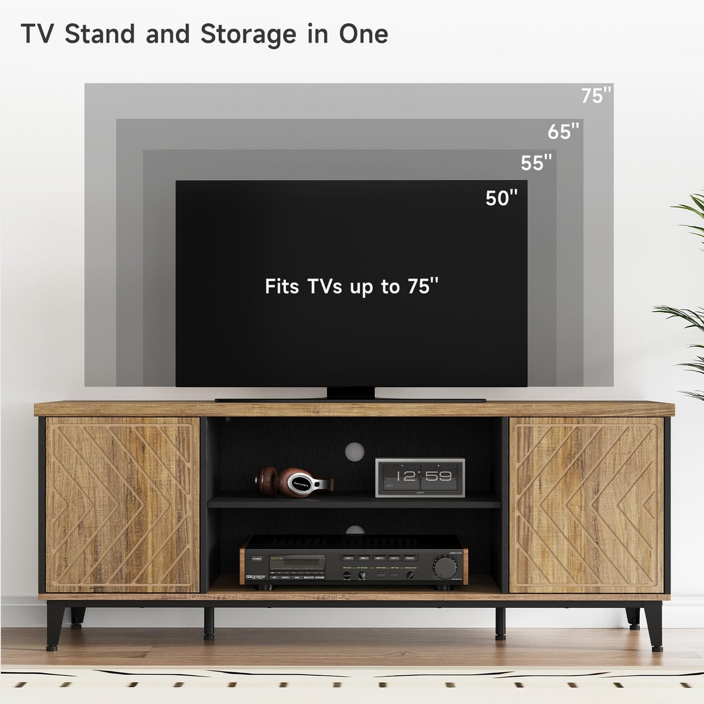 ONBRILL TV Stand for 55/60/65 Inch TV, LED Entertainment Center with Storage Cabinets and Adjustable Shelves, Mid Century Modern Wood TV Media Console for Living Room, Bedroom - WoodArtSupply