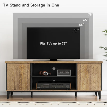 ONBRILL TV Stand for 55/60/65 Inch TV, LED Entertainment Center with Storage Cabinets and Adjustable Shelves, Mid Century Modern Wood TV Media Console for Living Room, Bedroom - WoodArtSupply