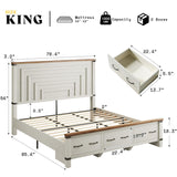 AMERLIFE Farmhouse King Size Bed Frame with 54" Tall Geometric Headboard & Footboard, Rustic Wood Platform Bed Frame/w 3 Large Storage Drawers, Wood Slats Support, No Box Spring Needed, Rustic White AMERLIFE