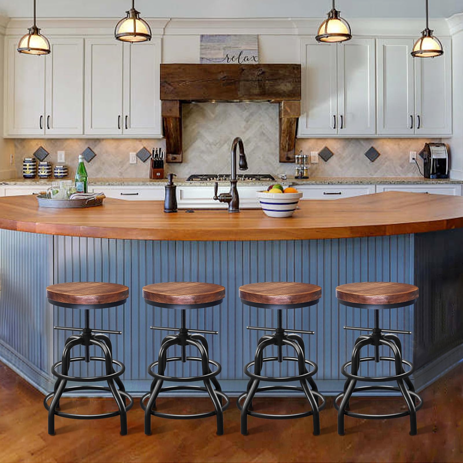 SXXjiaju Industrial Bar Stool- Vintage Bar Stools Round Wood Metal Stool Counter,Rustic Bar Stools with Round Solid Wood Metal Stool Adjustable Farmhouse Kitchen/Dining/Cafe Chair(Set of 2) - WoodArtSupply