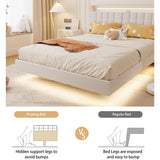 Ushow Modern Queen Floating Bed Frame with LED Lights, Storage Headboard & Charging Station in Beige USHOW