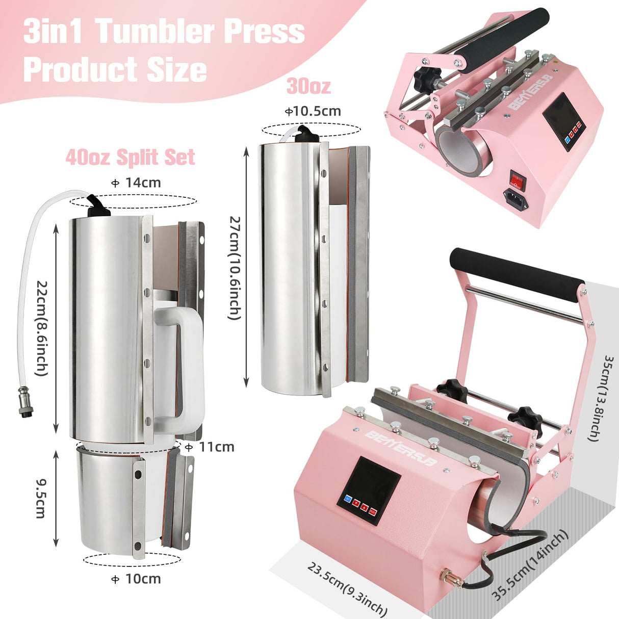 BetterSub 3in1 40 OZ Tumbler Mug Heat Press Machine 30 OZ 20 OZ 16 OZ Sublimation Straight Skinny Tumbler Mug,11 OZ 15 OZ 16 OZ Sublimation Mug Heat Transfer Pink BetterSub
