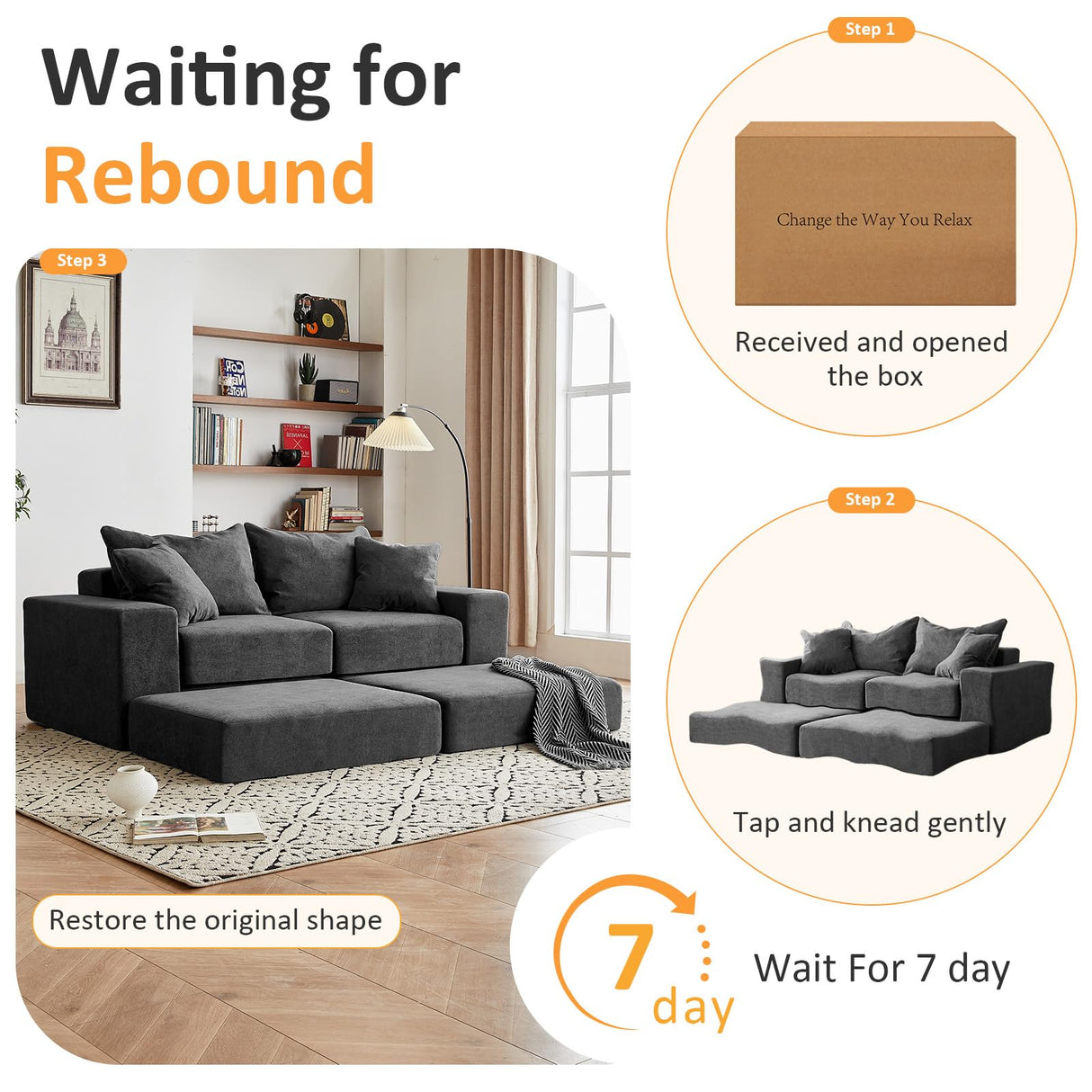 Modular Sectional Loveseat Cloud Sofa, Boneless Couch with Non Slip Base, Modern Sleeper Sofa for Customizable Living Spaces, Cozy Modular Couch with L-Shape Chaise, Deep Seat & No Assembly, Grey CozyMine