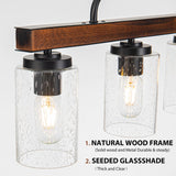 Farmhouse Dining Room Light Fixture, 4-Light Wood Kitchen Island Lighting, Industrial Chandeliers for Dining Room Over Table Black Pendant Light with Seeded Glass Shade for Bar Restaurant HOGBU