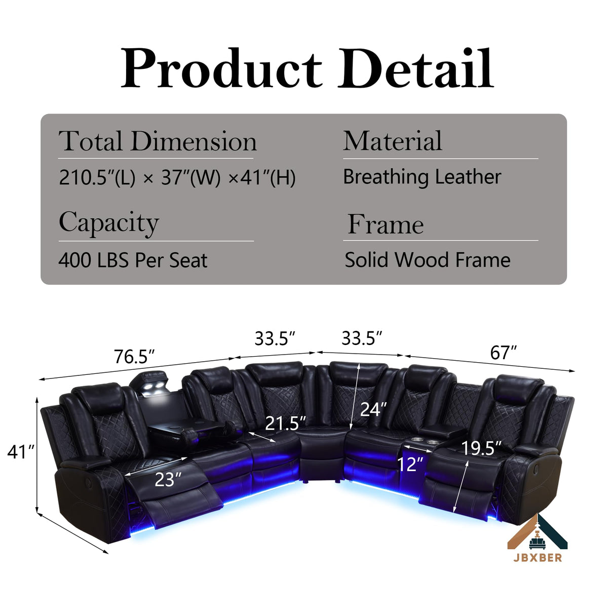 JBXBER Power Recliner Sectional Sofa Set for Living Room, Leather Recliner Sofa Sets, L-Shaped Corner Sectional Couch Sets with LED Lights, Console Storage(Sectional,Black) JBXBER