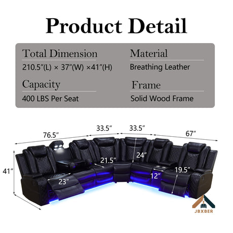 JBXBER Power Recliner Sectional Sofa Set for Living Room, Leather Recliner Sofa Sets, L-Shaped Corner Sectional Couch Sets with LED Lights, Console Storage(Sectional,Black) JBXBER