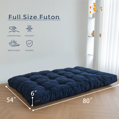 MAXYOYO 6" Futon Mattress Full Size, Tufted Futons Sofa Couch Bed with Twisted Rope Design Edging, Thick Corded Fabric Floor Mattress for Adults, Shredded Foam Filling (Frame Not Included), Navy