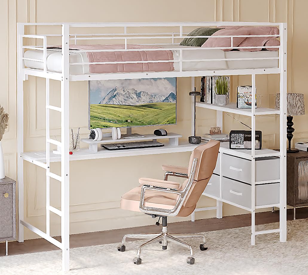 VINGLI Twin Loft Bed with 15 Inches Safety Guardrail/L-Shaped Desk/Flat Rungs, LED Single High Sleeper with 2 Charging Stations/Storage Shelves/Dresser, Heavy Duty Metal Support Slat, White VINGLI