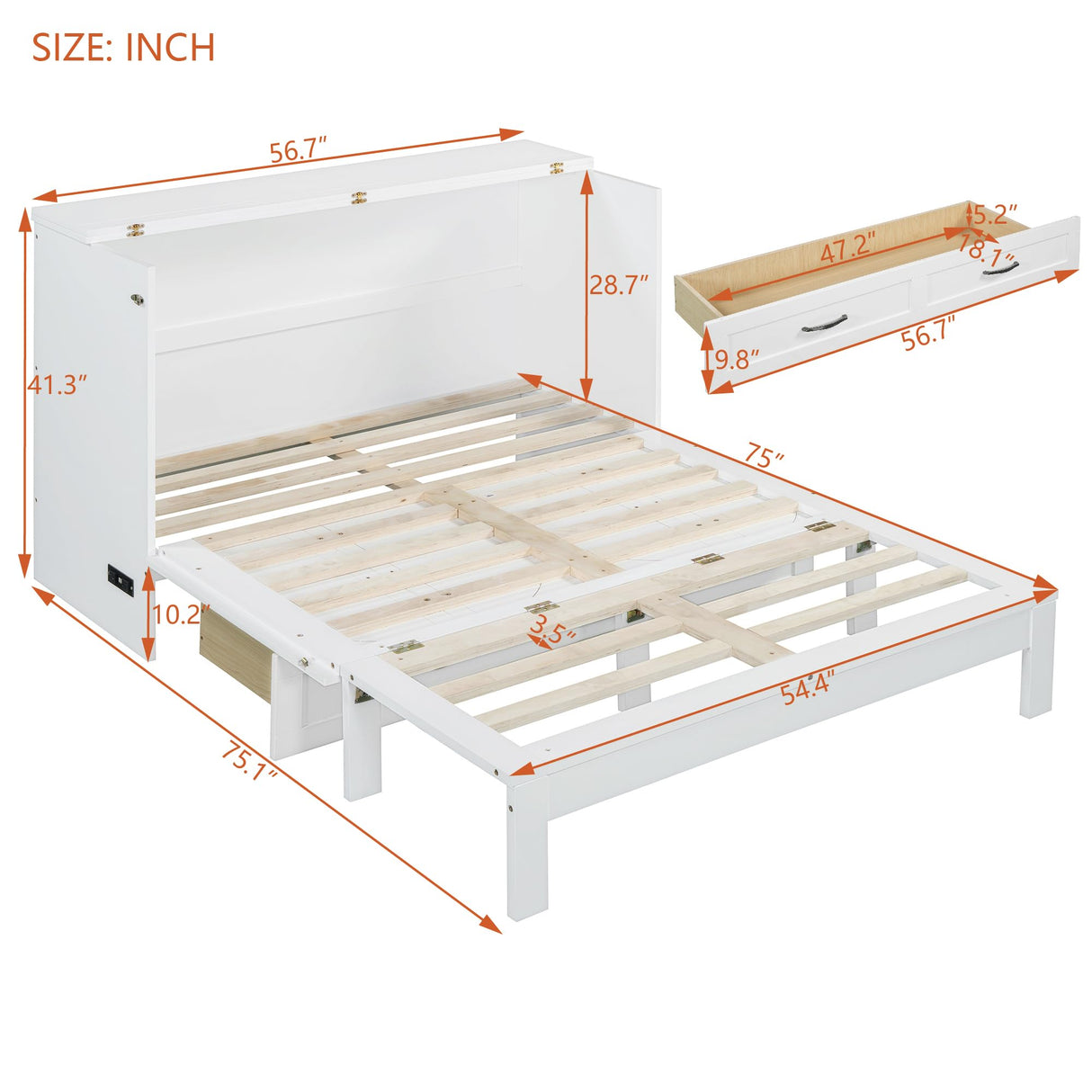 Merax Full Size Murphy Bed Cabinet with Charging Station and Large Storage Drawer, Foldable Pull Out Murphy Chest Bed for Apartments, Bedrooms, Studio, No Spring Box Needed, White Merax