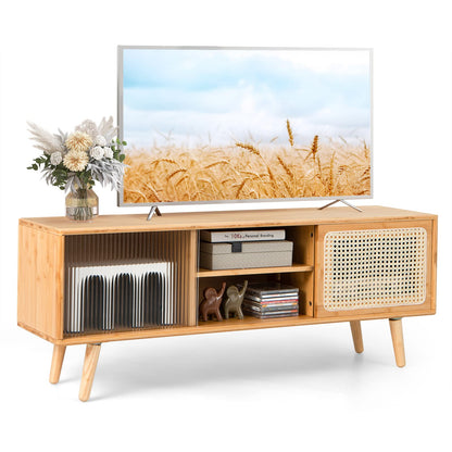 Tangkula Mid Century Modern TV Stand for TVs up to 55", Bamboo Entertainment Center w/PE Rattan & Tempered Glass Sliding Doors, Adjustable Shelf, Media Console for Living Room