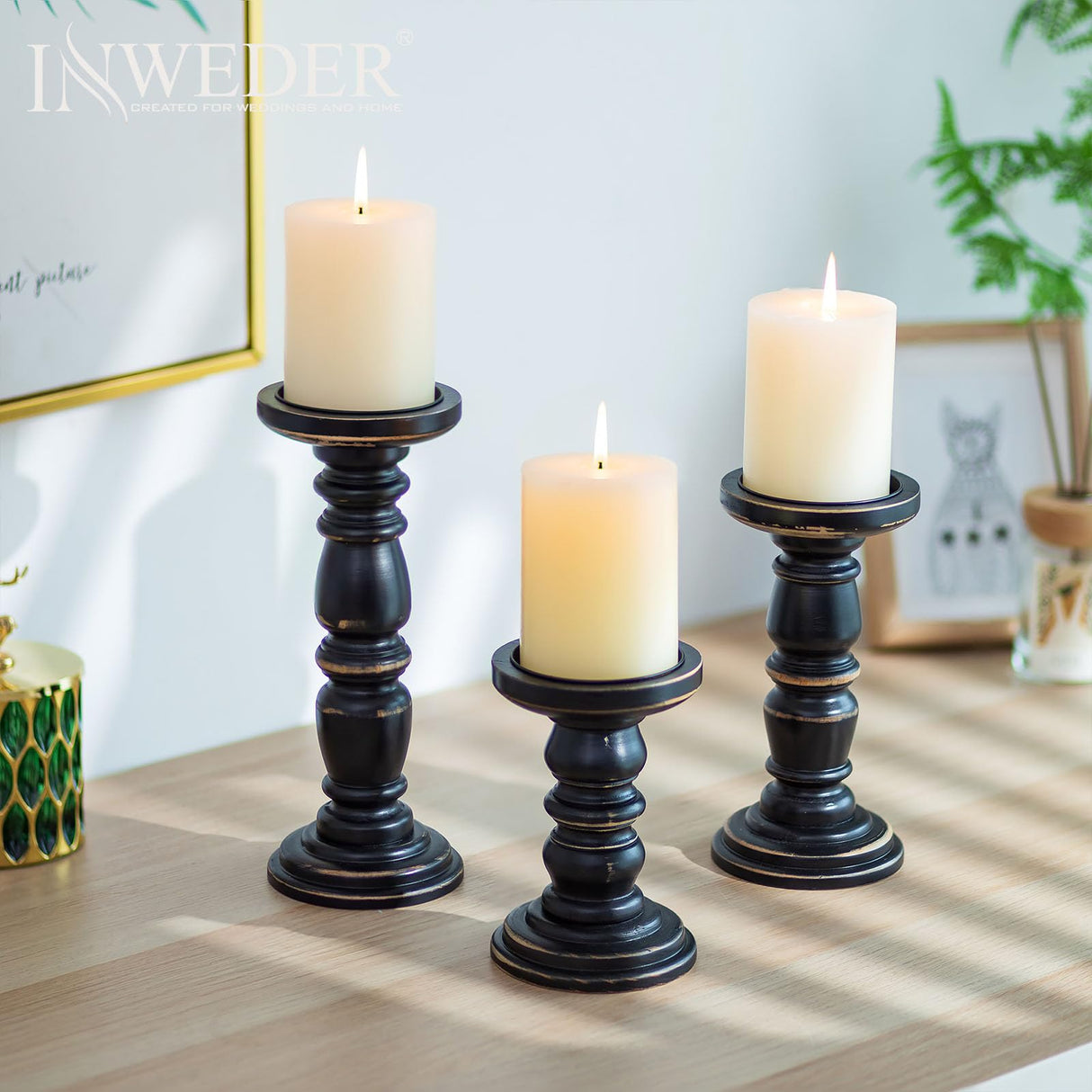 Inweder Wood Candle Holders for Pillar Candles, Solid Farmhouse Candle Holders (Set of 3), Tall Candle Holder, Stable Black Candle Holder for Home Decor, Fireplace, Event, Black Inweder