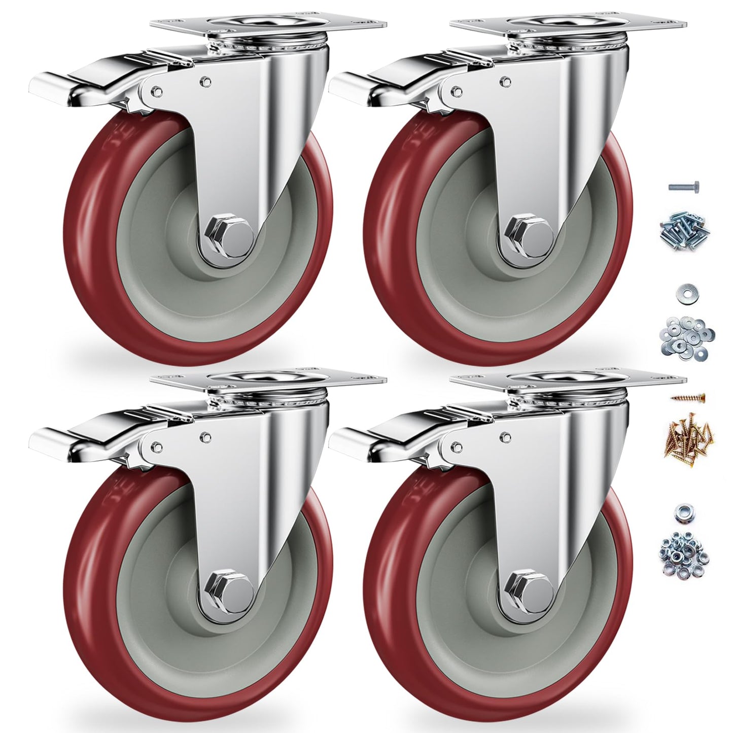 5 Inch Casters Set of 4 Heavy Duty - Caster Wheels, CLOATFET Locking Casters, Swivel Casters with Brake (Top Plate), Double Ball Bearing Non Marking Castor Wheels for Cart Furniture Workbench