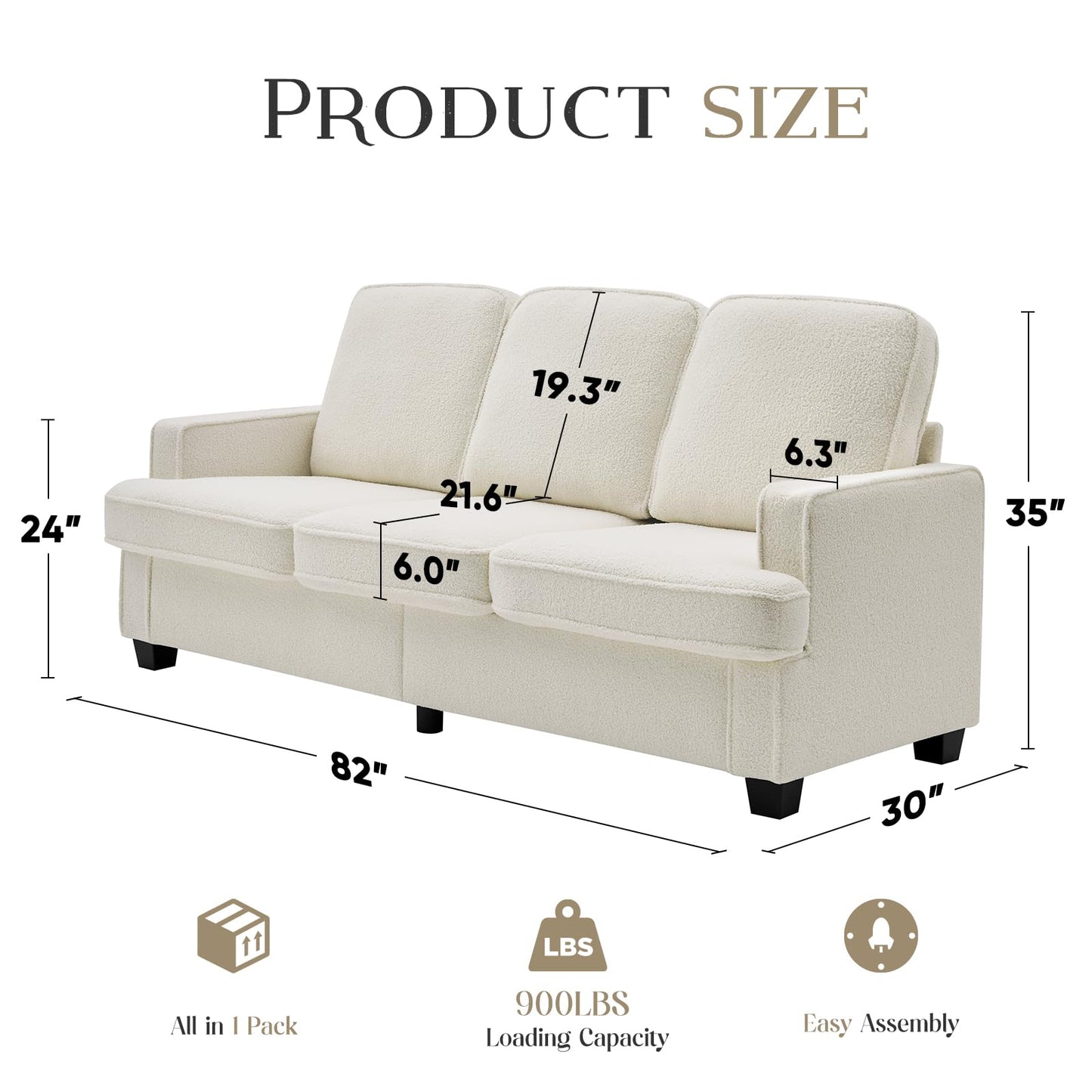 Zelimon Couches for Living Room, 82” Spacious Deep Seat Sofa for Living Room/Bedroom/Office/Apartment, Sofa Bed for Small Spaces, Detachable Futon Couch Cover, Easy to Install, Beige Teddy Fleece