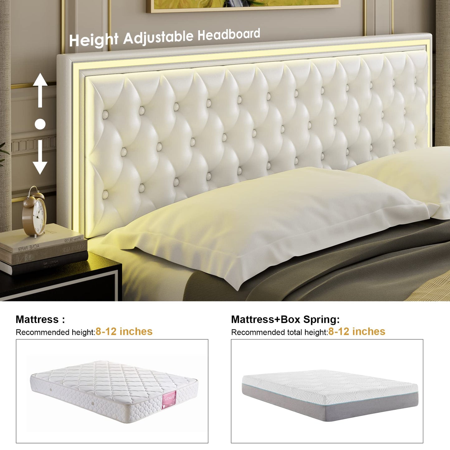 Keyluv King Upholstered LED Bed Frame with 4 Storage Drawers and Adjustable Tufted Headboard in White - WoodArtSupply