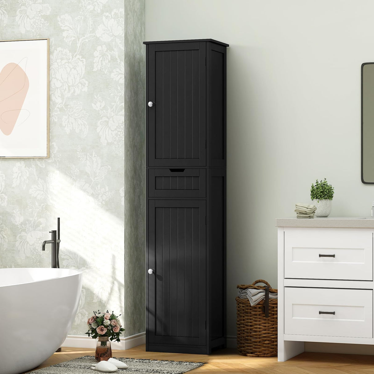 Iwell Tall Bathroom Cabinet, Storage Cabinet with 2 Doors, Narrow Floor Storage Cabinet with Adjustable Shelves for Bathroom, Living Room, Black Iwell