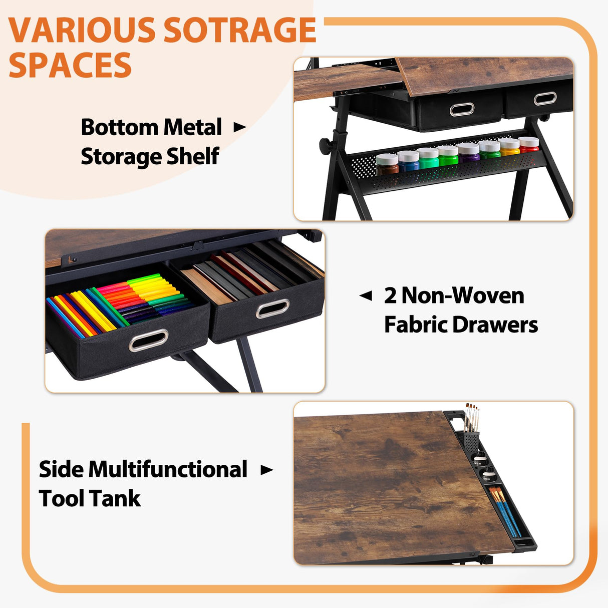 Nouva Adjustable Drafting Table Drawing Table w/Power Outlets (2AC, USB, Type-C), Multifunctional Tilting Art Craft Artists Desk w/Stool, 2 Drawer for Home Office, Rustic Brown Nouva