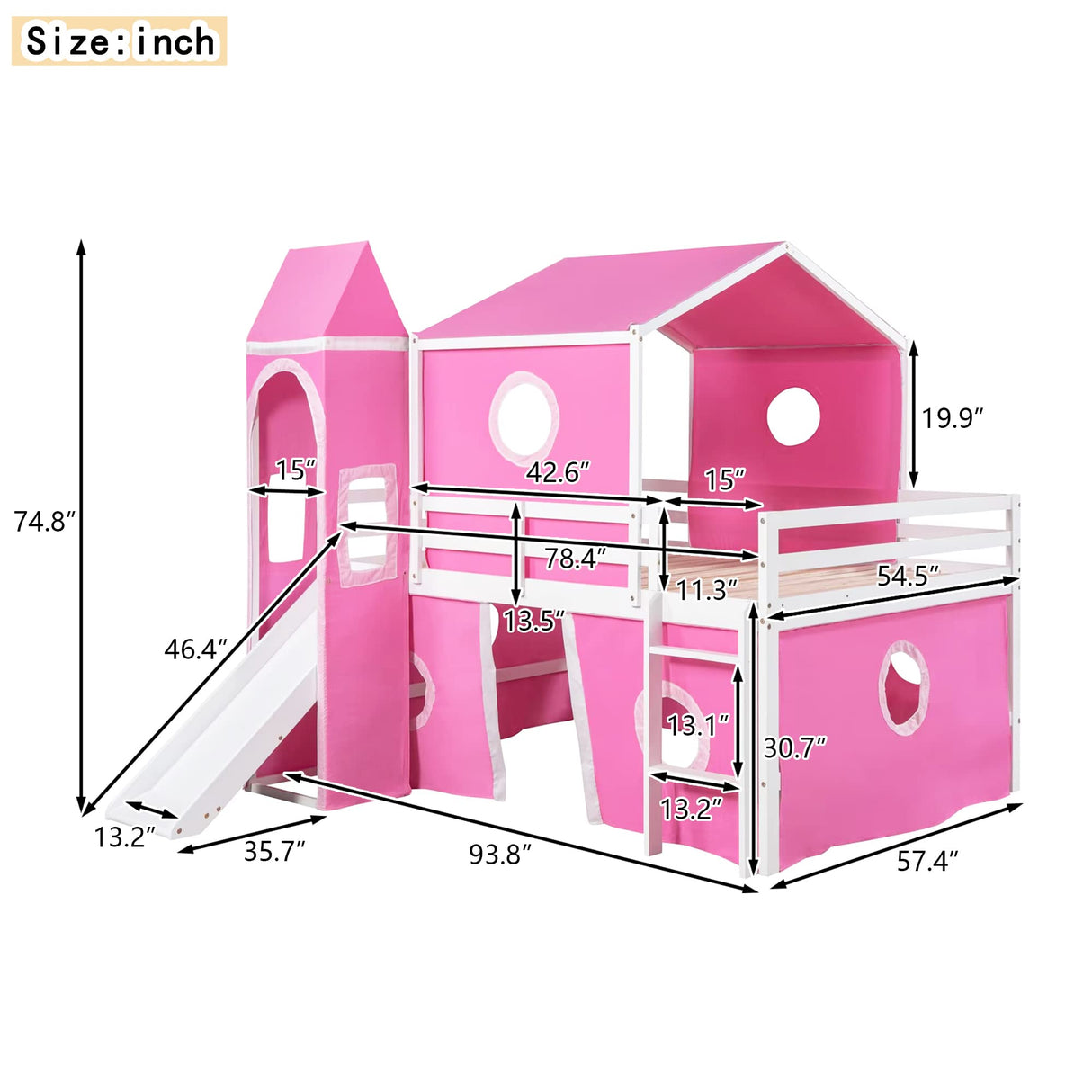 House Full Loft Bed Frame with Slide and Tent, Full Size Loft Bed with Small Pinnacle and Ladders, Wood Full Bunk Beds, Playhouse Bed Frame for Kids, Teens, Boys & Girls (Full Size, Pink) Harper & Bright Designs