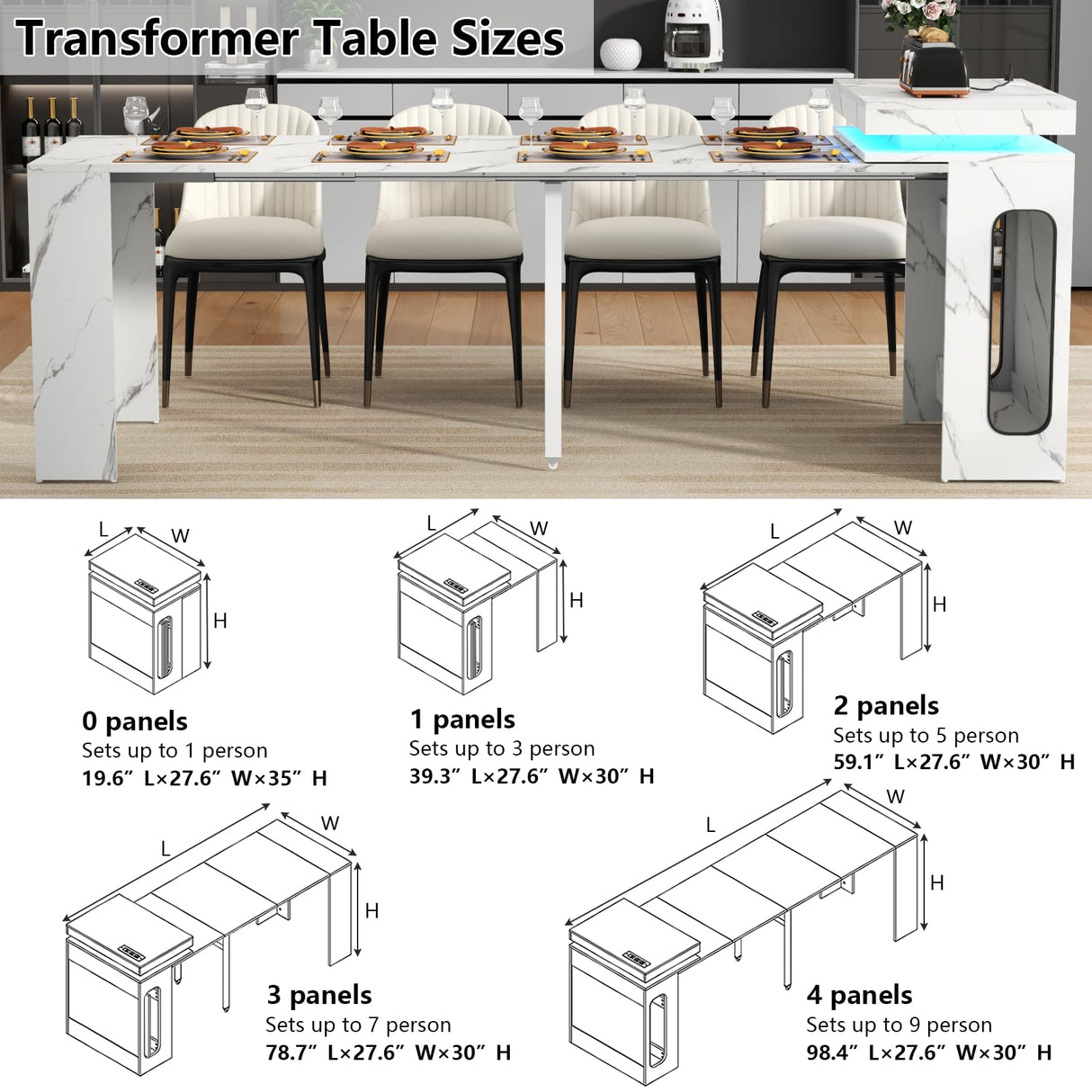 Extendable Dining Table with Charging Station & LED Lights, 19.7" to 98.4" White Faux Marble Dining Table, Rectangle Console Table for 2-8, Modern Space Saving Kitchen Island Table (No Chairs) Gyfimoie