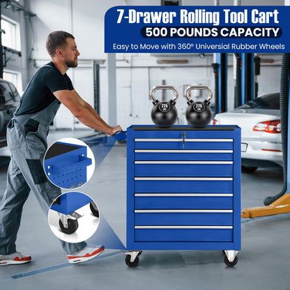 7-Drawer Rolling Tool Chest with Wheels,Tool Cabinet on Wheels with Keyed Locking,Multifunctional Tool Cart on Wheels,Tool Storage Organizer Cabinets for Garage,Warehouse, Repair Shop (Blue) - WoodArtSupply