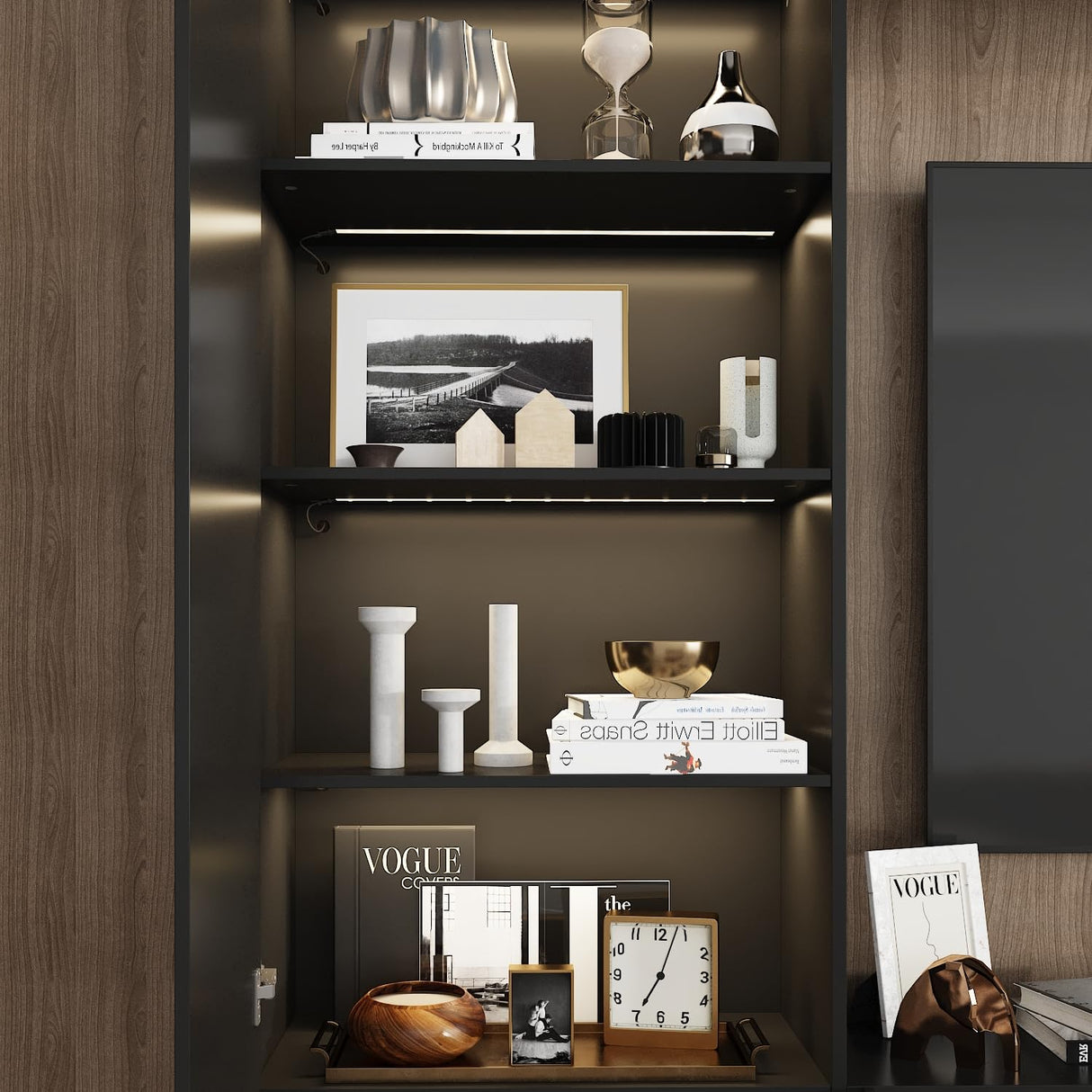 WOODTIME 114" Large Wall Unit Entertainment Center with Bookshelves, Lights and 18 Shelves, Modern 4-Piece TV Stand Media Console Table with Bridge Cabinet for Living Room & Home Theater, Black WOODTIME