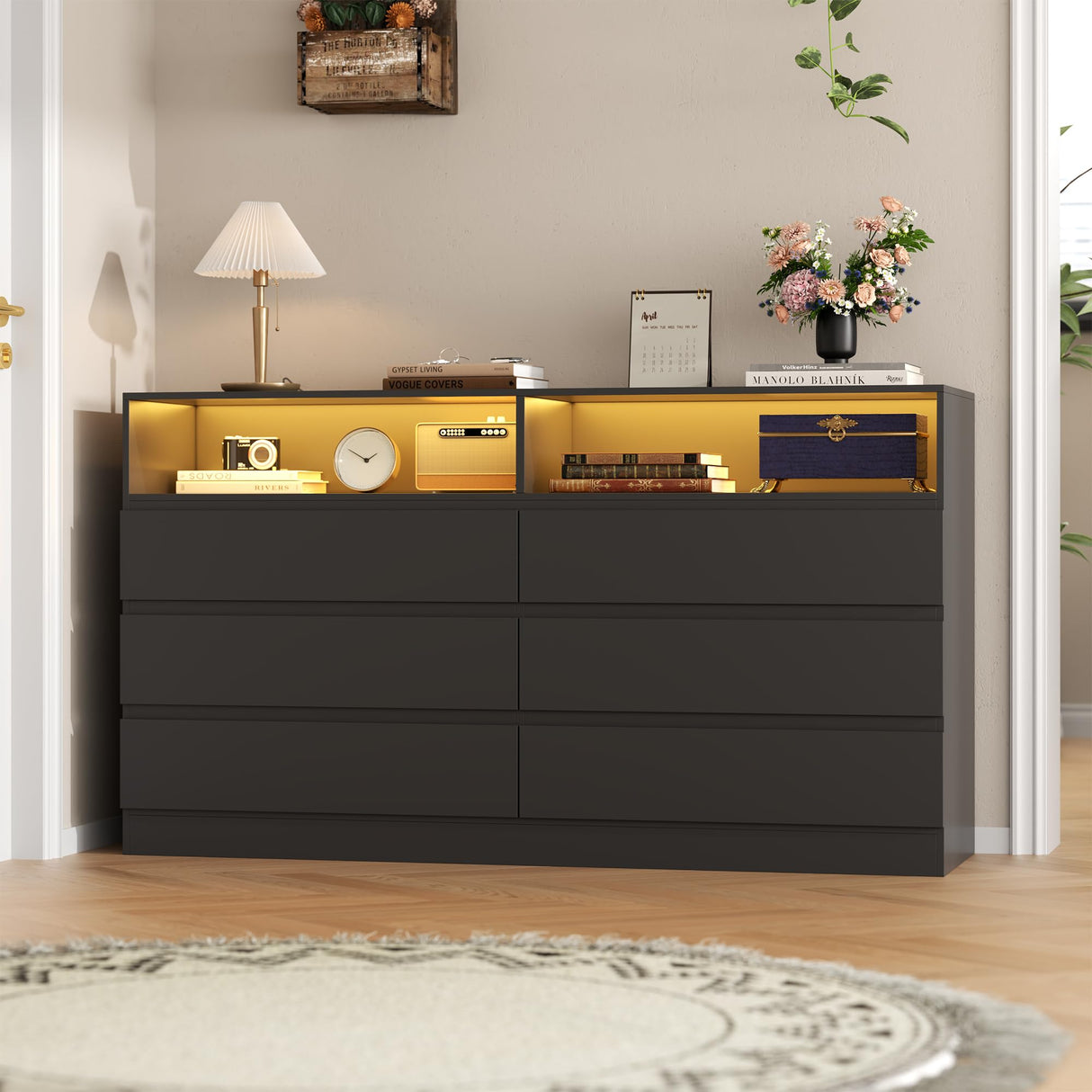 STIKELY 6 Drawer Dresser for Bedroom with Power Outlet, Black Dressers with LED Light, Dresser Chest of Drawers for Closet,Wooden Dressers Organizer Cabinet for Living Room,Entryway, Hallway STIKELY