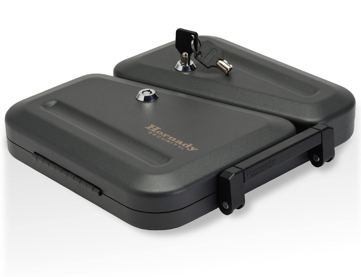 Hornady Dual-Lid Gun Lock Box - Two Compartment Portable Lock Box with Separate Lid and Lock - This Small Gun Safe Stores Handguns and Ammo Separately - Measures 11 x 10 x 2 Inches - Item 95229 Hornady