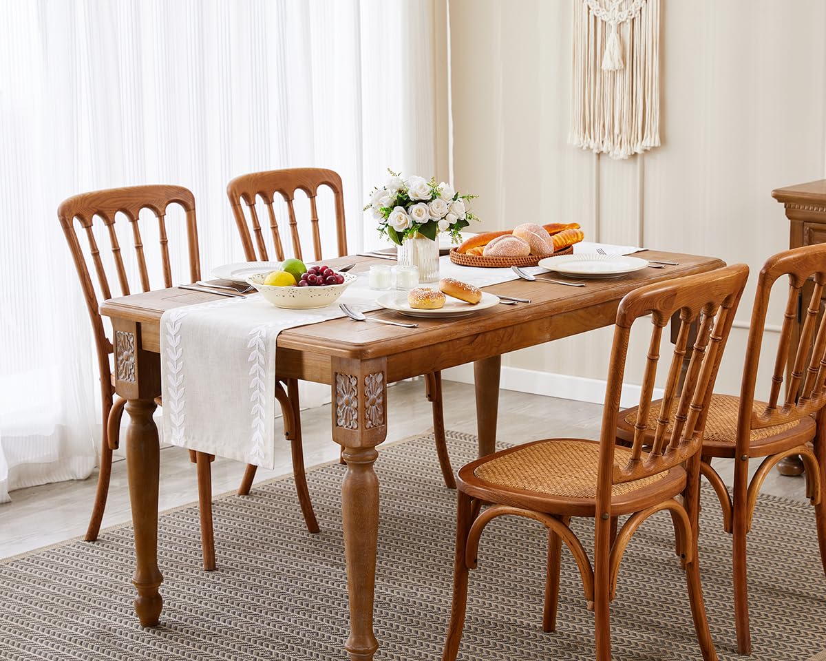 Wracra Embroidered Table Runner Irregular Willow Leaf Table Runners 72 Inches Long For Dresser Home Dining Table Decor,14 x 72 Inch, White Wracra