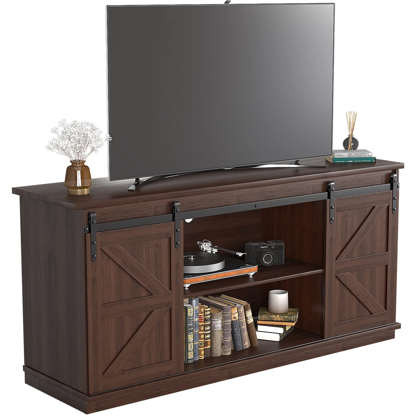 JUMMICO TV Stand for 65 Inch TV, Entertainment Center with Storage Cabinets and Sliding Barn Doors, Mid Century Modern Media TV Console Table for Living Room Bedroom (Brown)