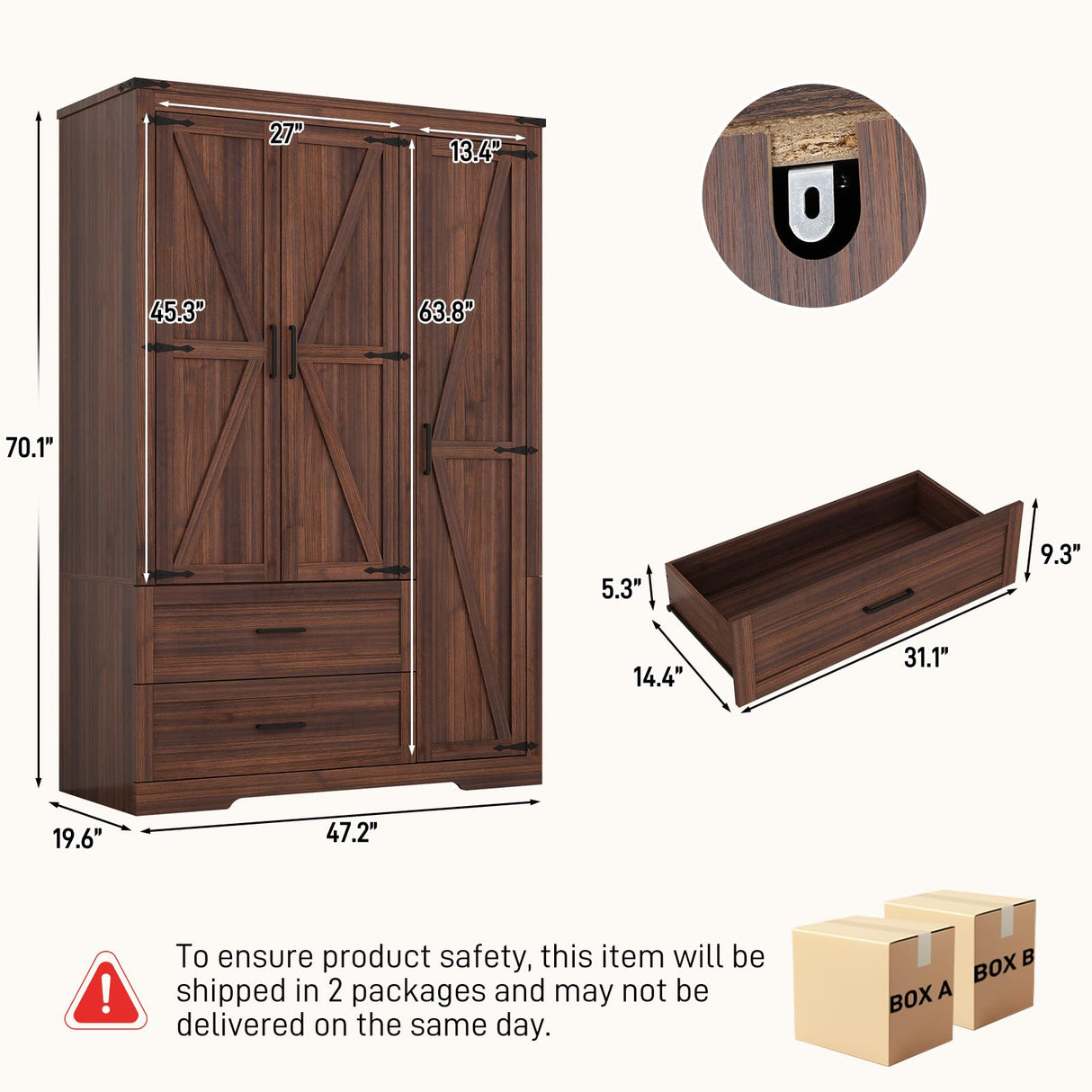 Hlivelood 3 Doors Wardrobe Armoire Closet with Doors and Drawers, Farmhouse Wooden Armoire Storage Cabinet with Shelves & Hanging Rod for Bedroom, Brown Hlivelood