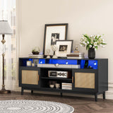 UPOSOJA TV Stand for 75 Inch TV Rattan TV Cabinet with Adjustable Shelf Storage, Modern LED Entertainment Center, Boho Media TV Console, Media TV Stands for Living Room Bedroom (Black) UPOSOJA