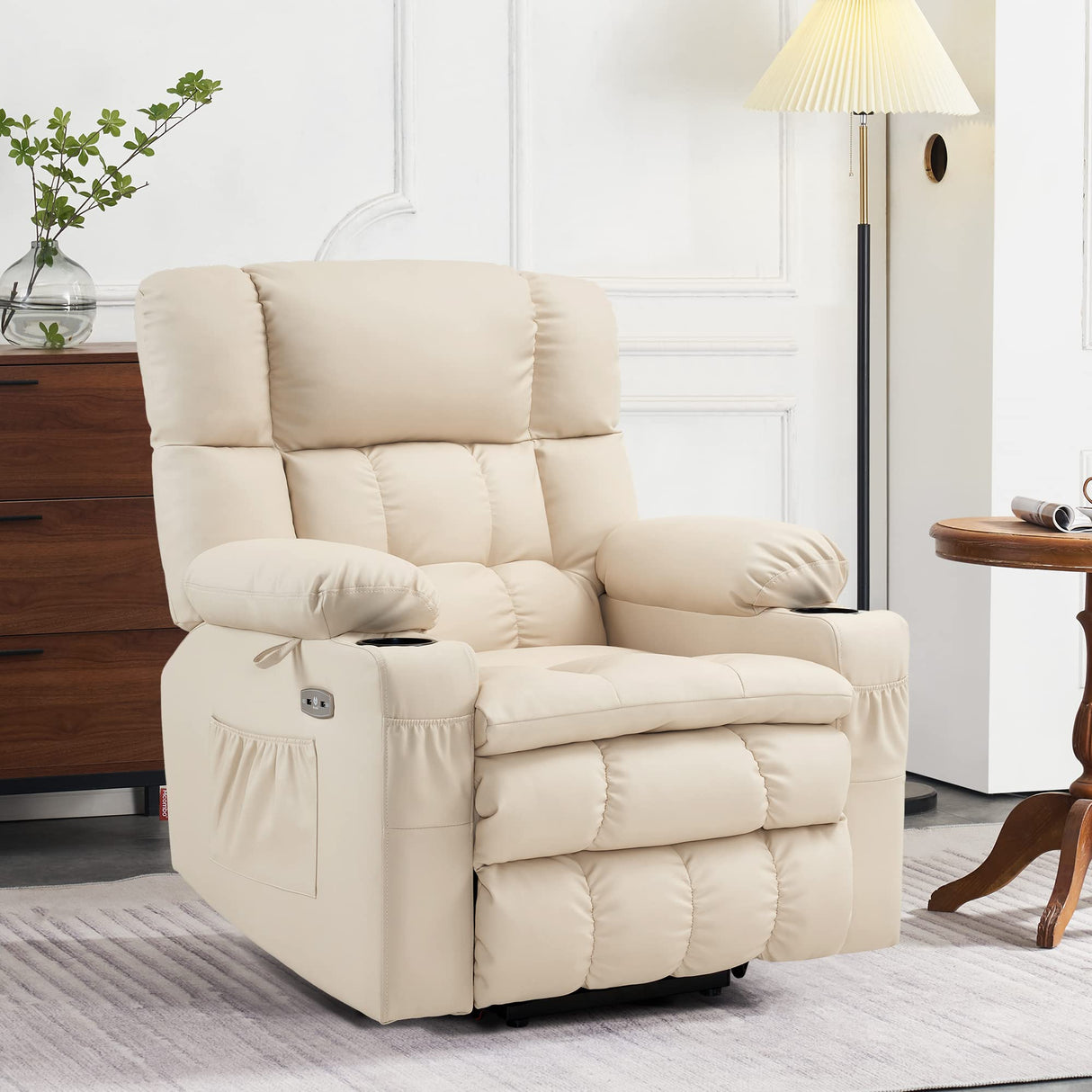 MCombo Dual Motor Power Lift Recliner Chair for Elderly, Infinite Position Lay Flat Lift Chair with Heat and Massage for Seniors, Cup Holders, Faux Leather 7890 (Cream White, Medium-Regular) MCombo