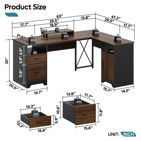 Bestier L Shaped Desk with File Drawers, 63" x 47" Office Computer Desk with Storage Cabinet, Corner Desk with Monitor Stand & Modesty Panel for Home Office, Gray Bestier