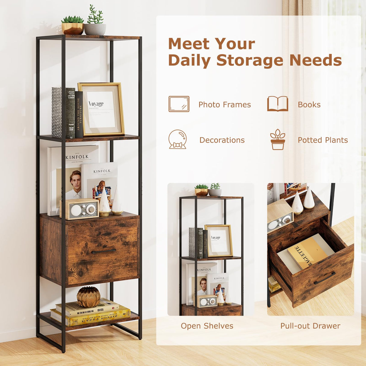 Tangkula 4-Tier Bookshelf with Drawer, 62.5” Tall Narrow Bookcase with Metal Frame & Anti-tip Kits, 4 Open Shelves & Pull-Out Drawer, Modern Slim Display Storage Rack for Living Room Study (2, Brown) Tangkula